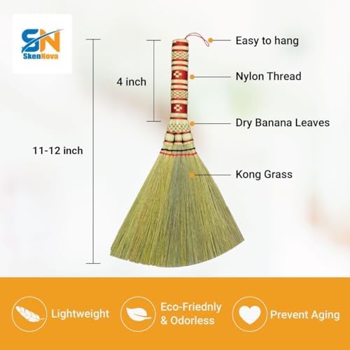 SKENNOVA 11 Inch Tiny Asian Whisk Broom with Embroidery Handle