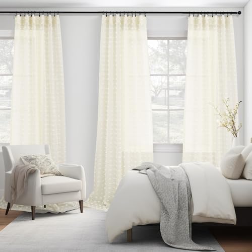 DANCURTON Cream Sheer Curtains 2 Panels Pom Pom Pattern