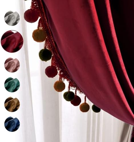 Melodieux Velvet Curtains with Pom Poms 52 x 96 Burgundy 2 Panels