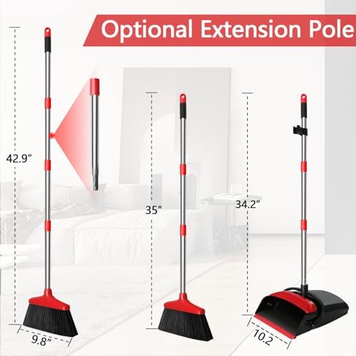 Loonpon 43 Inch Broom and Dustpan Set Black Red