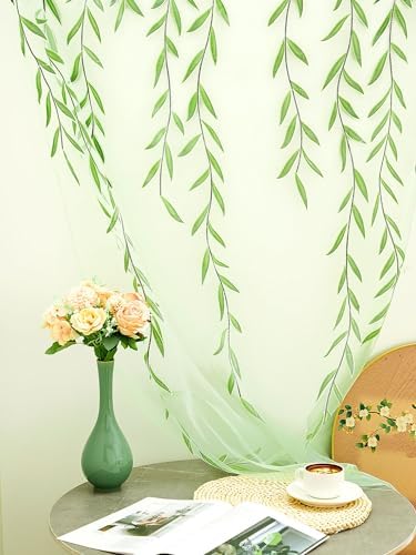 Breling Green Leaf Sheer Curtains 2 Piece Set