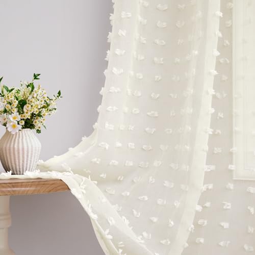 DANCURTON Cream Sheer Curtains 2 Panels Pom Pom Pattern