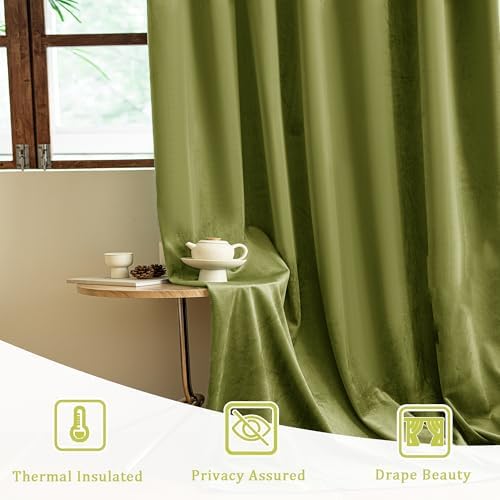 YOFUN Olive Green Velvet Curtains 96 Inch 2 Panels