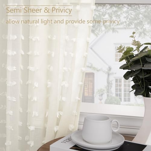 DANCURTON Cream Sheer Curtains 2 Panels Pom Pom Pattern