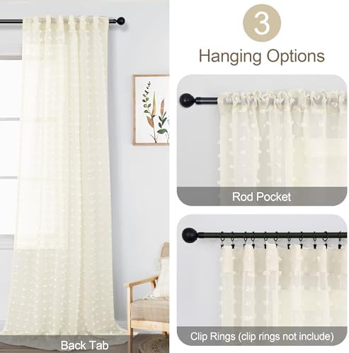DANCURTON Cream Sheer Curtains 2 Panels Pom Pom Pattern