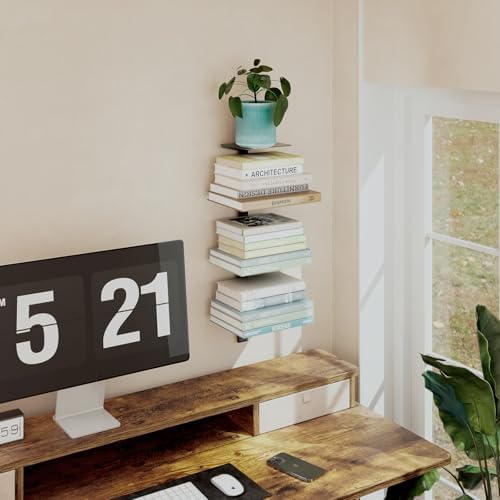 ART-GIFTREE Floating Book Shelves 4 Tier Metal Wall Mount 2 Pack Black