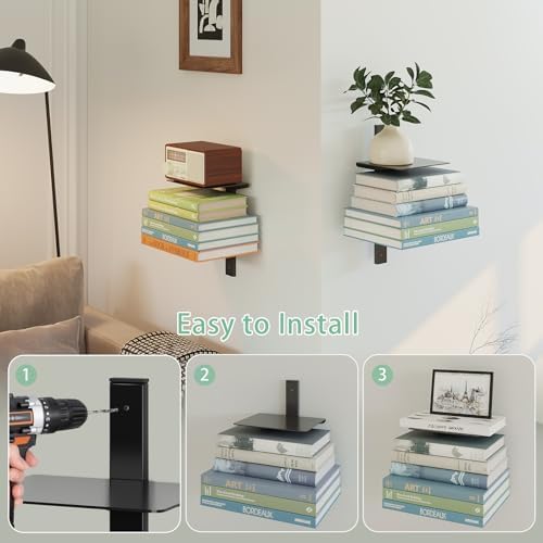 ART-GIFTREE Floating Book Shelves 4 Tier Metal Wall Mount 2 Pack Black