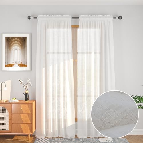 UPOPO 2 Panel Sheer Curtains Linen Textured 52x92 White Farmhouse Drapes