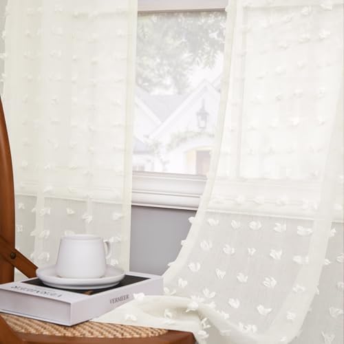 DANCURTON Cream Sheer Curtains 2 Panels Pom Pom Pattern