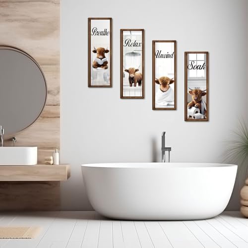 Honoson 4 Pcs Highland Cow Bathroom Decor Wall Art