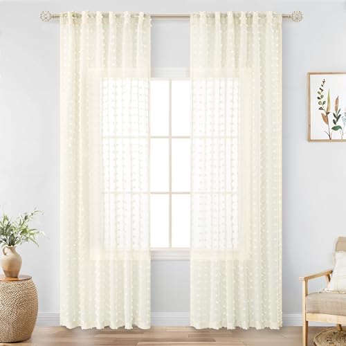 DANCURTON Cream Sheer Curtains 2 Panels Pom Pom Pattern