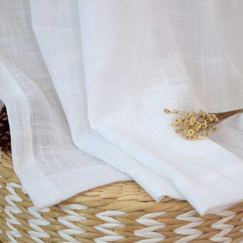 UPOPO 2 Panel Sheer Curtains Linen Textured 52x92 White Farmhouse Drapes