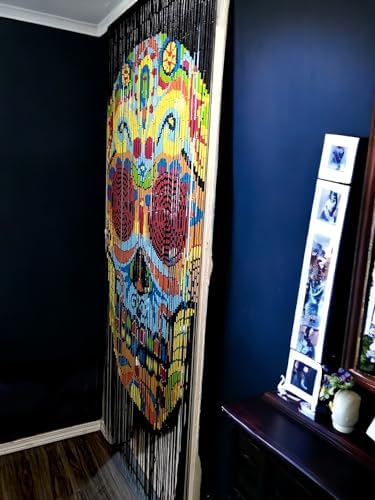 Natural Wood Beaded Curtain - Skull Design - 90 Strands