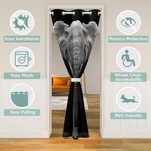 Jejeloiu Soft Velvet Door Curtain with Black White Elephant Print