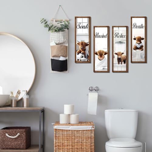 Honoson 4 Pcs Highland Cow Bathroom Decor Wall Art