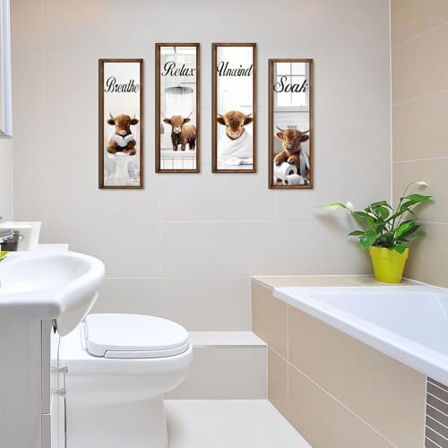 Honoson 4 Pcs Highland Cow Bathroom Decor Wall Art