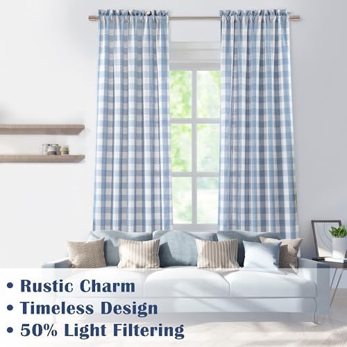 Bapawfish 90 Inch Buffalo Plaid Curtains 2 Panels Beige-Dusty Blue