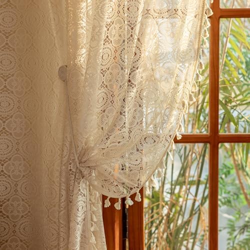 Kotile Boho Lace Curtain with Tassels 96 Inches Long