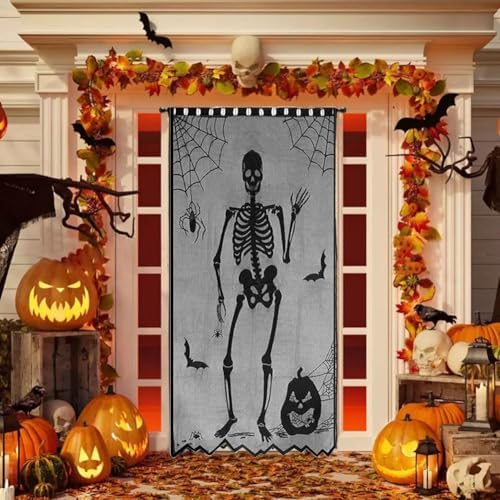 Halloween Black Lace Curtain with Skull and Witch Pattern