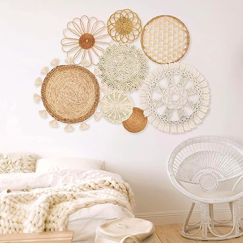 Boho Wall Basket Set of 8 - Handmade Rattan Macrame Decor