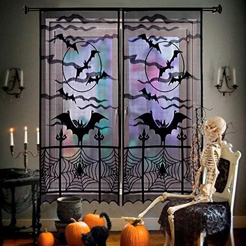 AerWo Halloween Curtains 2PCS Black Lace Bat Spiderweb Panels