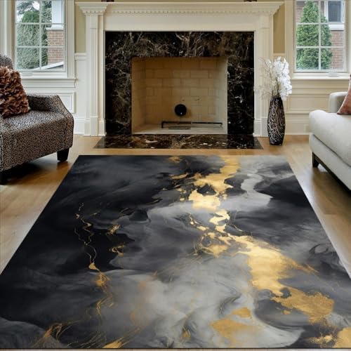 High-End Black Gold Marble Gradient Abstract Rug 2x3 1