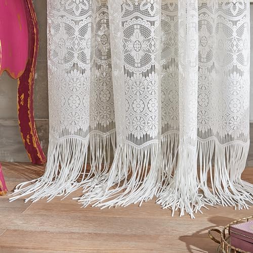 CHF Ivory Boho Sheer Curtain Panel with Tassels
