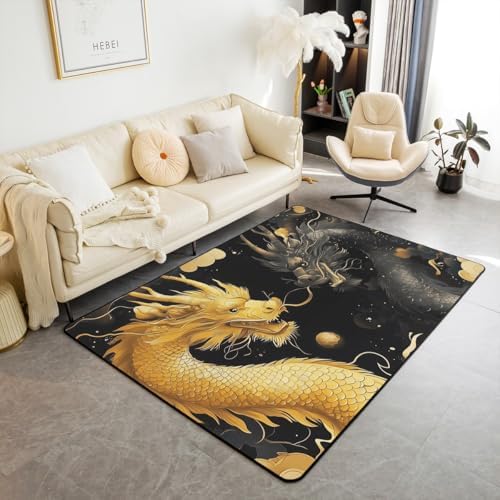 Feelyou Dragon Area Rug 5x7 Gold Black Traditional Decor
