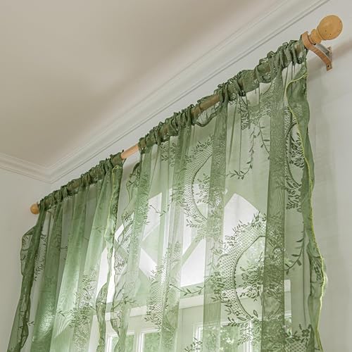 Sutuo Home Olive Green Lace Curtains 90 Inches Long 2 Panels Set