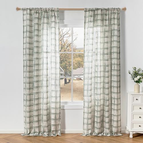 MYSKY HOME Sage Green Plaid Curtains 2 Panels