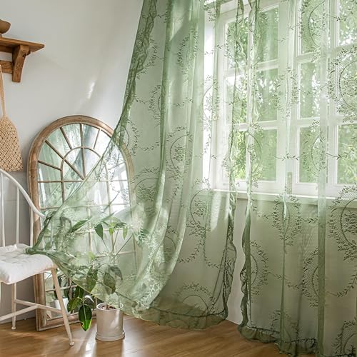 Sutuo Home Olive Green Lace Curtains 90 Inches Long 2 Panels Set