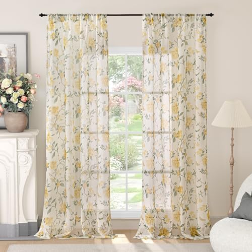 Lajode Floral Sheer Curtains 96 Inch 2 Panels Yellow