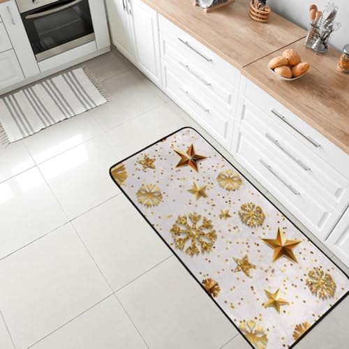 My Little Nest Kitchen Rug Christmas Gold Stars and Snowflakes Comfort Runner