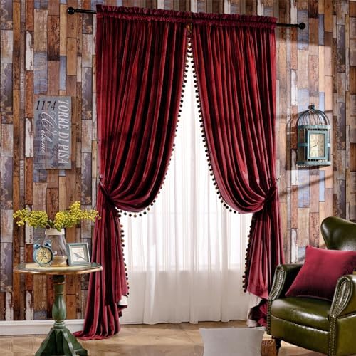 Melodieux Velvet Curtains with Pom Poms 52 x 96 Burgundy 2 Panels