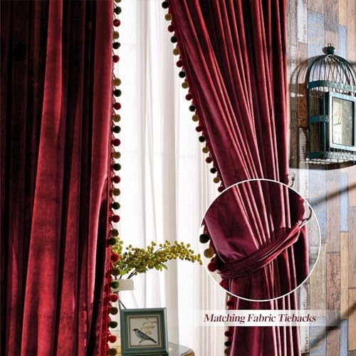 Melodieux Velvet Curtains with Pom Poms 52 x 96 Burgundy 2 Panels