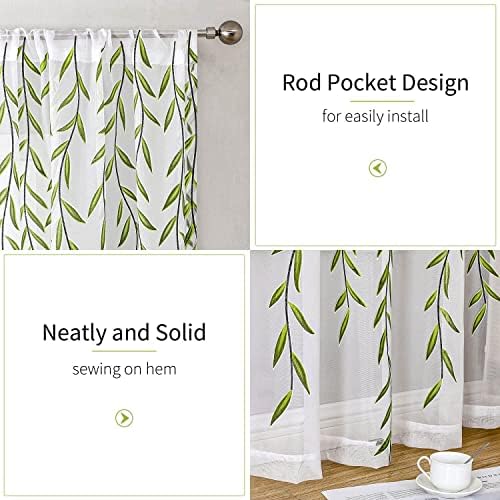 BROSHAN Green Leaf Sheer Curtains 2 Panels 96x52 Inch