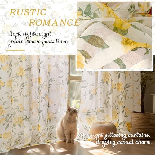 Lajode Floral Sheer Curtains 96 Inch 2 Panels Yellow
