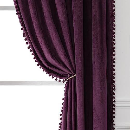 Victree Velvet Pom Pom Curtains 2 Panels Blackout