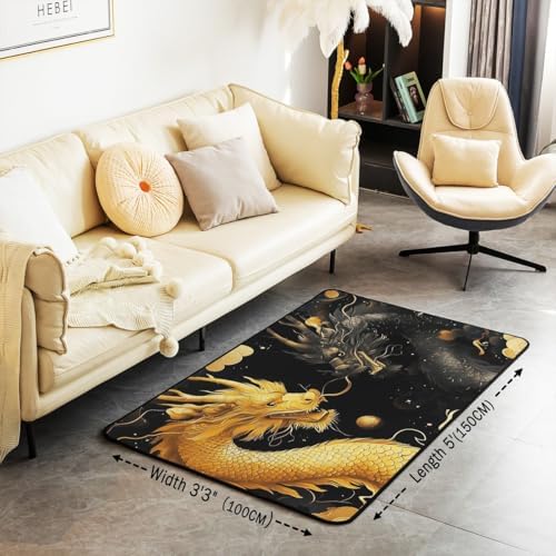 Feelyou Dragon Area Rug 5x7 Gold Black Traditional Decor