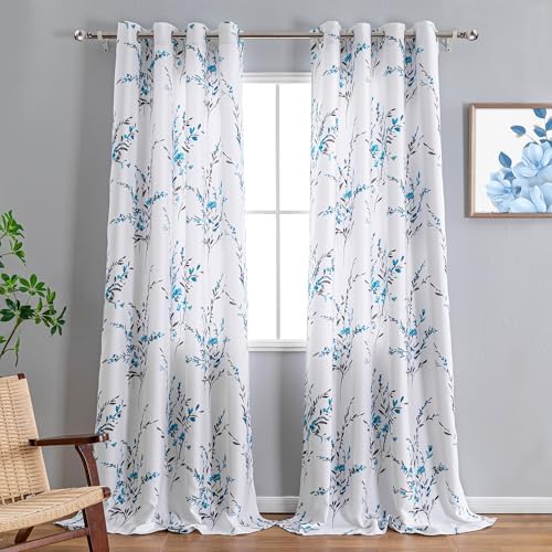 MYSKY HOME Floral Curtains 52x95 Teal 2Pcs Grommet Drapes