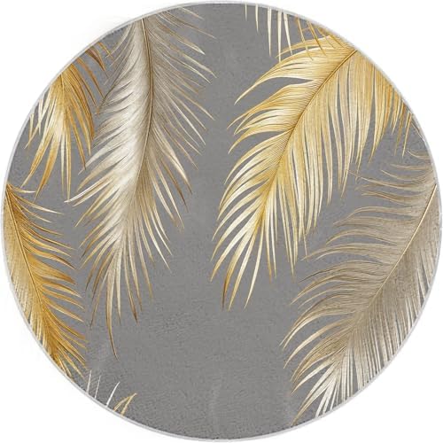 Washable 4ft Round Rug with Golden Palm Leaves and Feathers Print