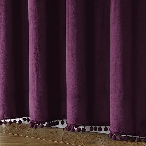 Victree Velvet Pom Pom Curtains 2 Panels Blackout
