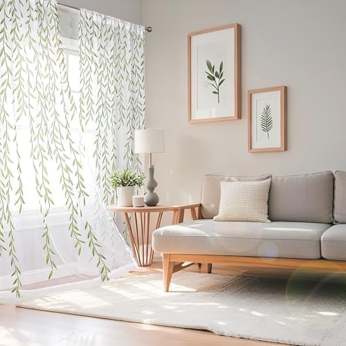 BROSHAN Green Leaf Sheer Curtains 2 Panels 96x52 Inch