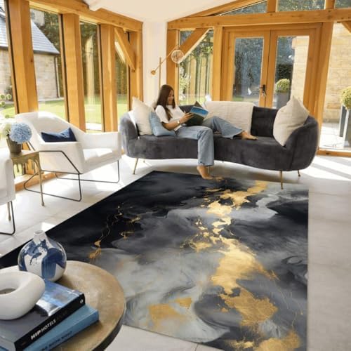 High-End Black Gold Marble Gradient Abstract Rug 2x3 1