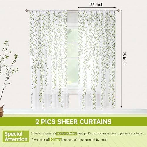 BROSHAN Green Leaf Sheer Curtains 2 Panels 96x52 Inch