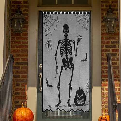 Halloween Black Lace Curtain with Skull and Witch Pattern