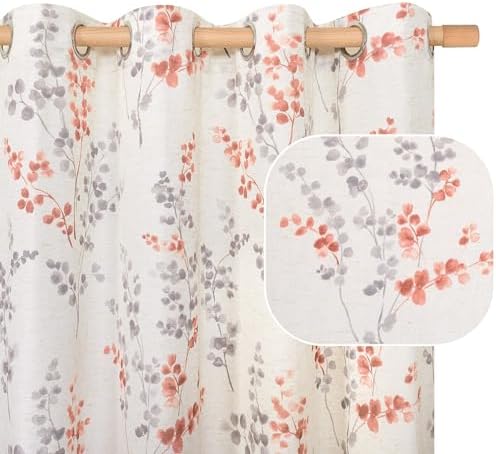 BGment Linen Curtains 90 Inch 2 Panels Terracotta Floral