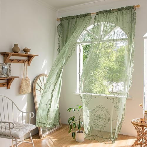 Sutuo Home Olive Green Lace Curtains 90 Inches Long 2 Panels Set