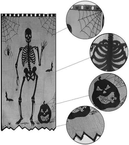 Halloween Black Lace Curtain with Skull and Witch Pattern
