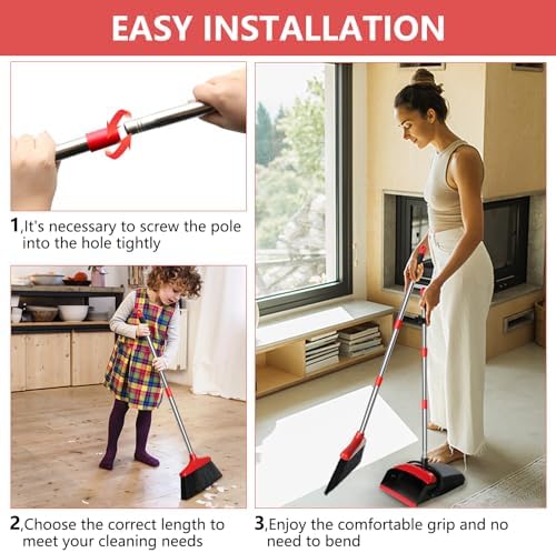 Loonpon 43 Inch Broom and Dustpan Set Black Red